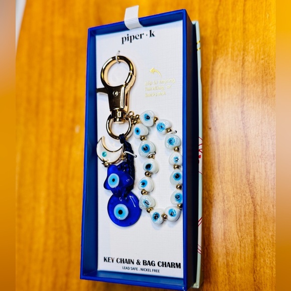 Piper K Evil Eye Bag Charm & Keychain – Blue Beaded Protection Amulet Clip - Picture 3 of 6